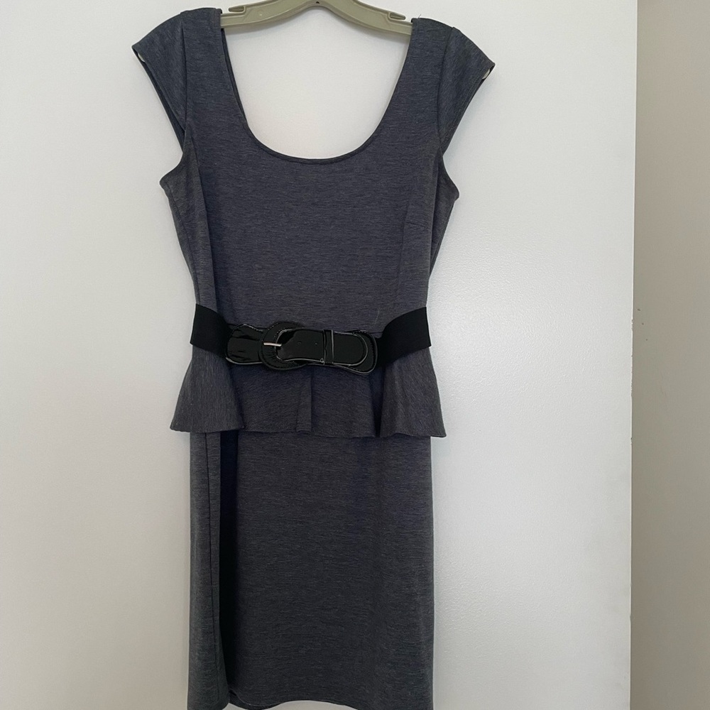 Elegant Grey Belted Dress